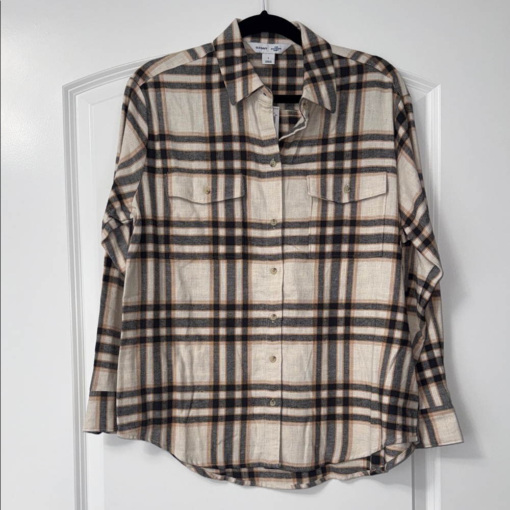 Old Navy Cream and Black Plaid Shirt
